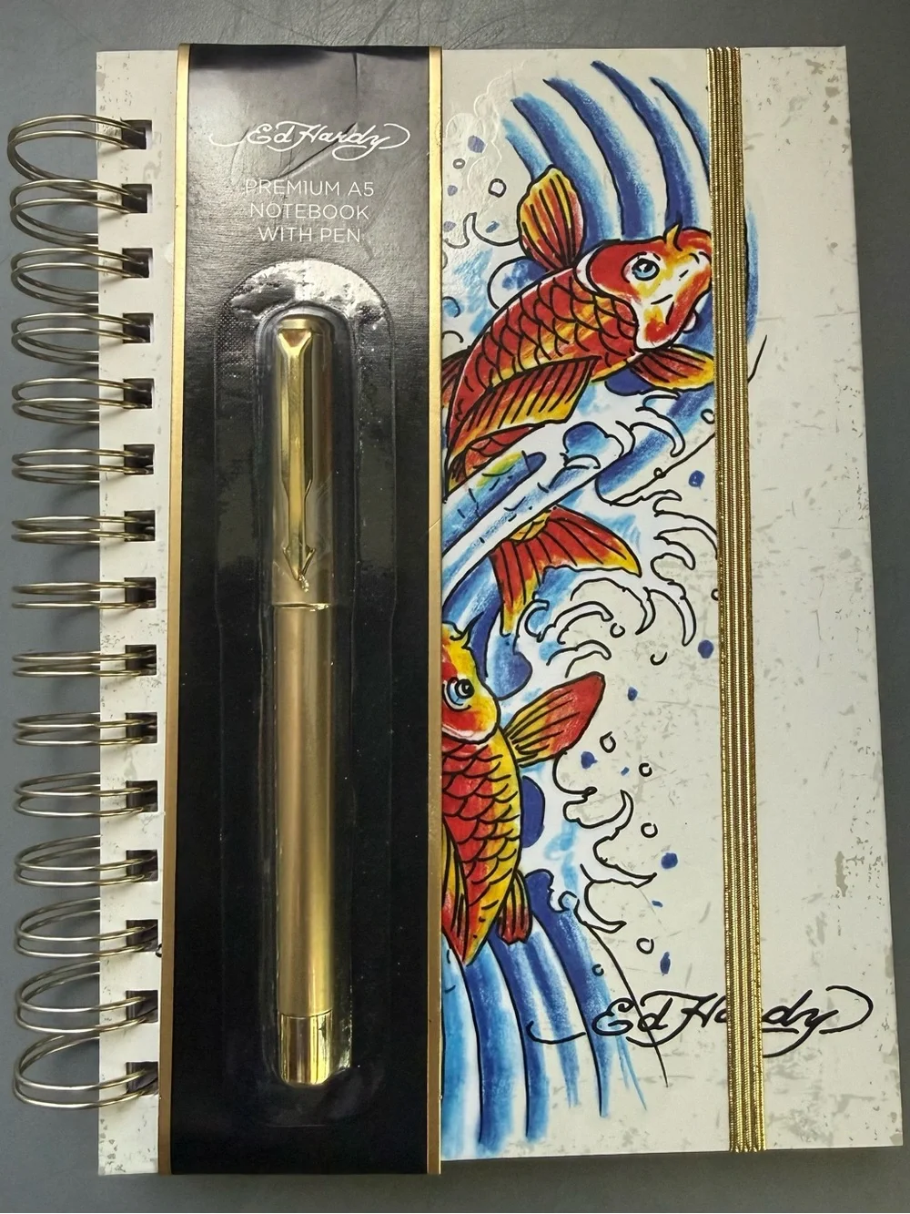 Ed Hardy Gold Spiral Notebook with Colorful Koi Artwork